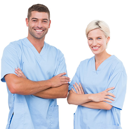 Male and female physical therapists posing.